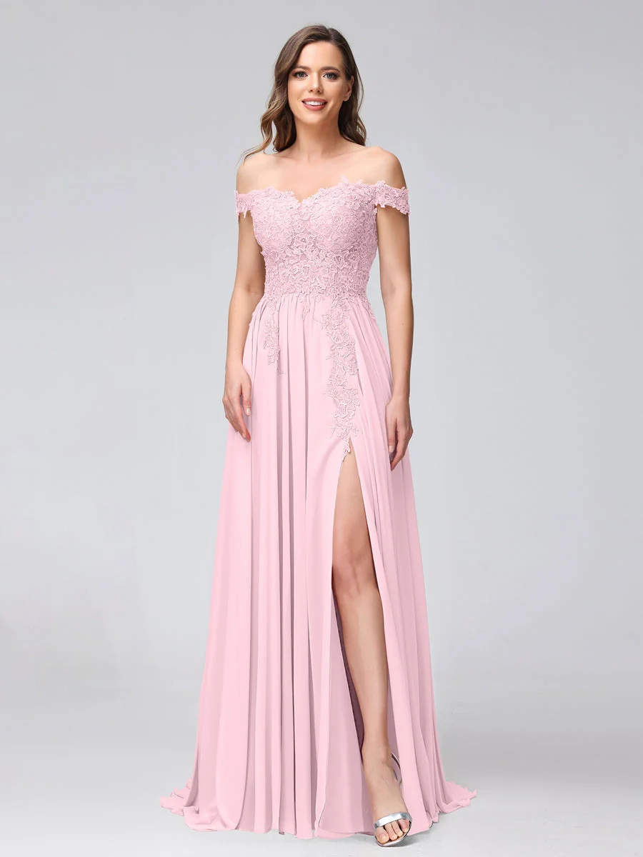 A-Line/Princess Off-the-Shoulder Sleeveless Long Bridesmaid Dresses with Side Slit & Appliqued - Image 25