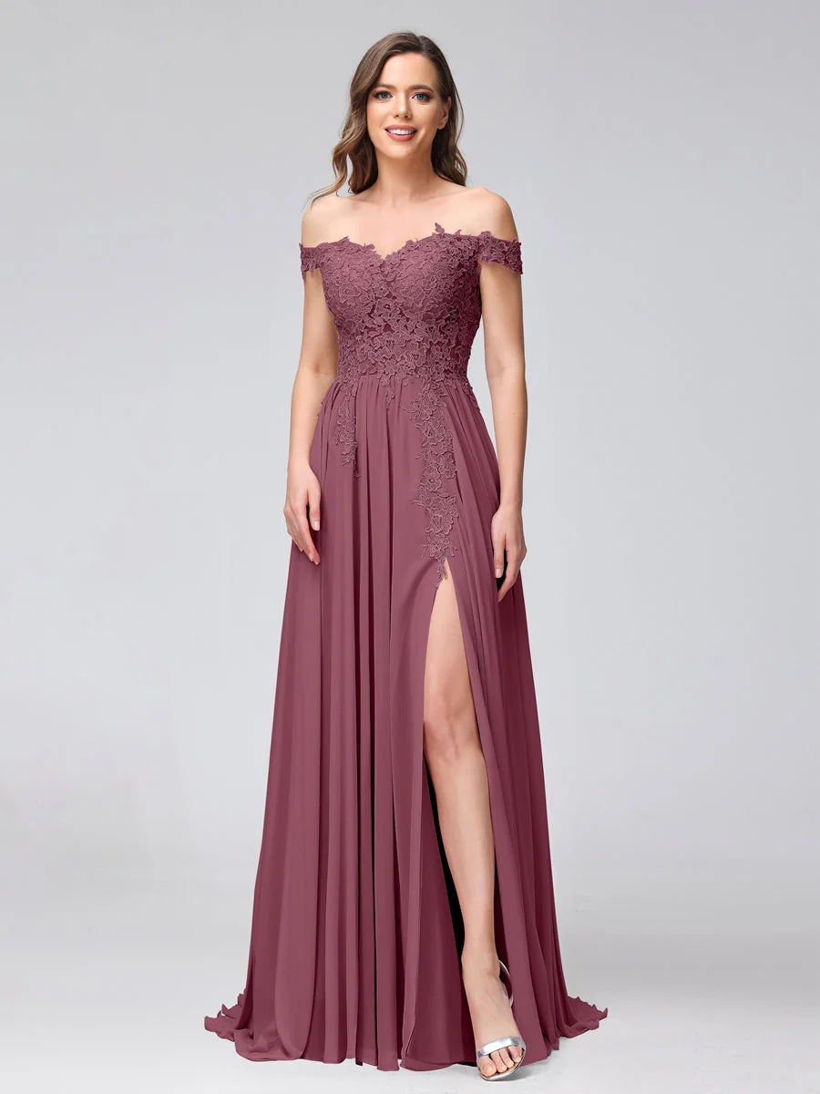 A-Line/Princess Off-the-Shoulder Sleeveless Long Bridesmaid Dresses with Side Slit & Appliqued - Image 42