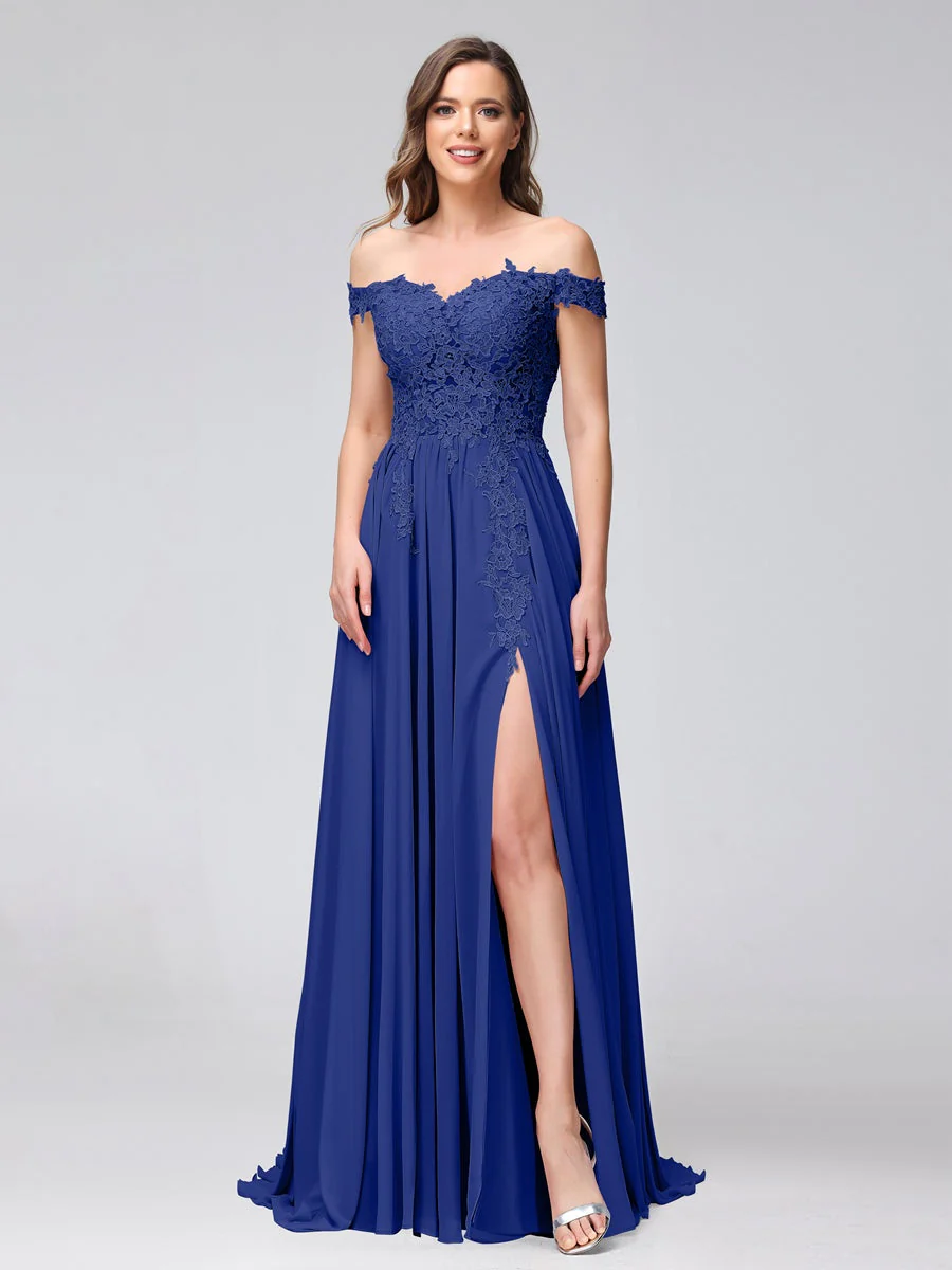 A-Line/Princess Off-the-Shoulder Sleeveless Long Bridesmaid Dresses with Side Slit & Appliqued - Image 55