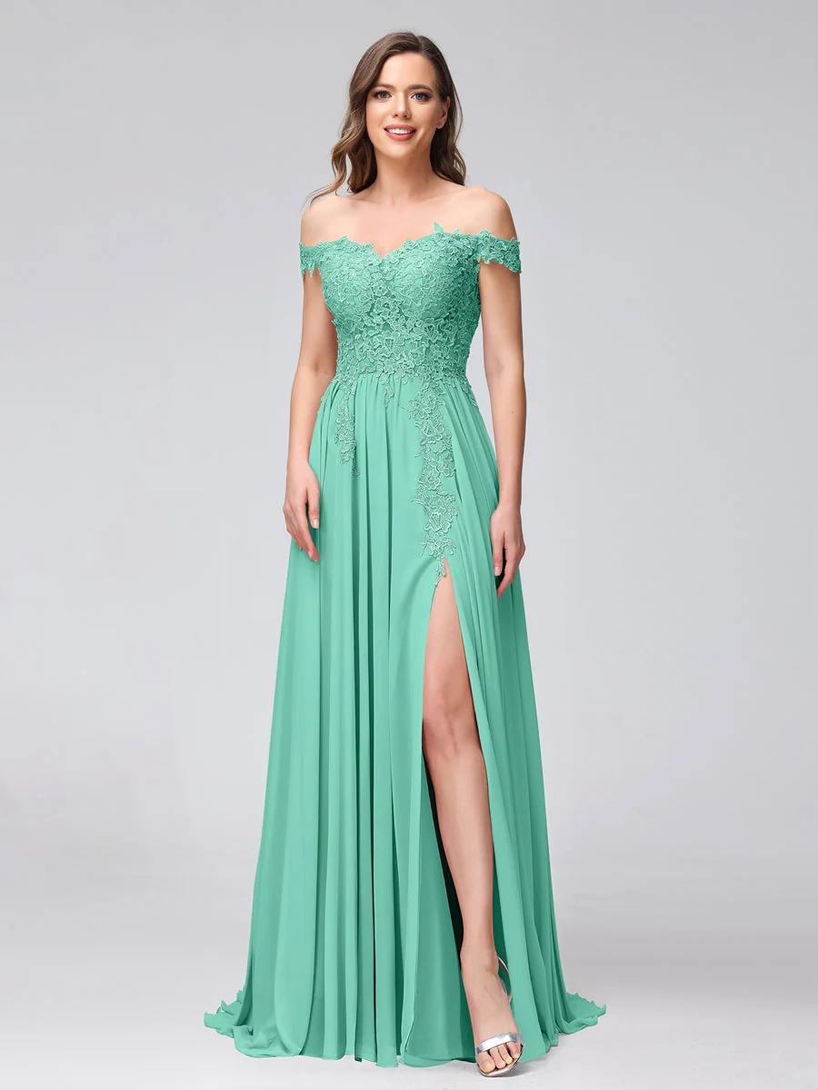 A-Line/Princess Off-the-Shoulder Sleeveless Long Bridesmaid Dresses with Side Slit & Appliqued - Image 61