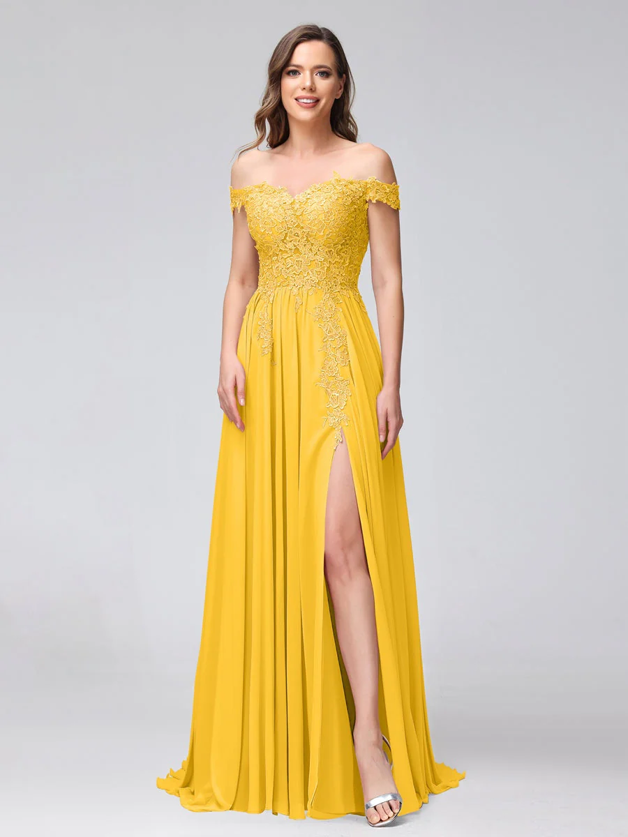 A-Line/Princess Off-the-Shoulder Sleeveless Long Bridesmaid Dresses with Side Slit & Appliqued - Image 70