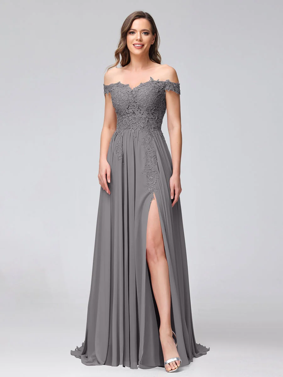 A-Line/Princess Off-the-Shoulder Sleeveless Long Bridesmaid Dresses with Side Slit & Appliqued - Image 73