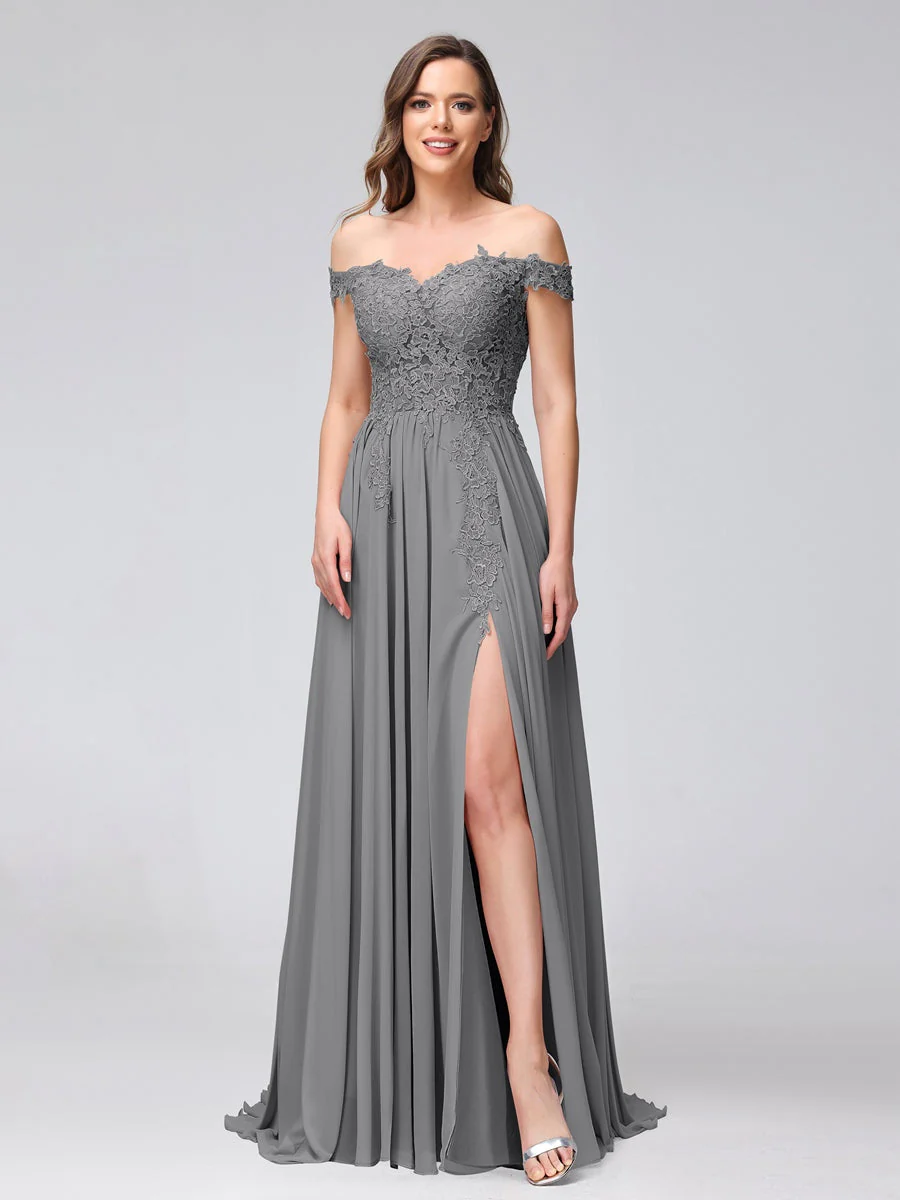 A-Line/Princess Off-the-Shoulder Sleeveless Long Bridesmaid Dresses with Side Slit & Appliqued - Image 74
