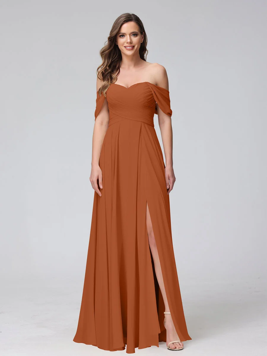 A-Line/Princess Off-the-Shoulder Sleeveless Floor-Length Bridemaid Dresses with Split Side & Ruched - Image 10