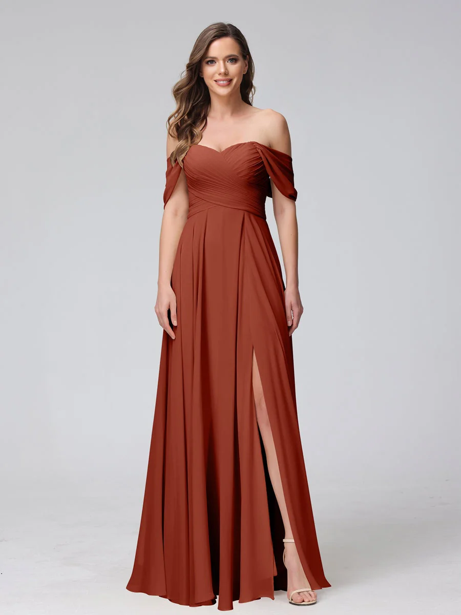 A-Line/Princess Off-the-Shoulder Sleeveless Floor-Length Bridemaid Dresses with Split Side & Ruched - Image 14