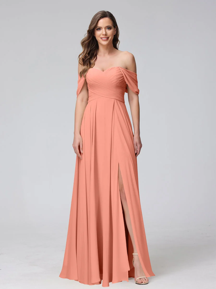 A-Line/Princess Off-the-Shoulder Sleeveless Floor-Length Bridemaid Dresses with Split Side & Ruched - Image 16