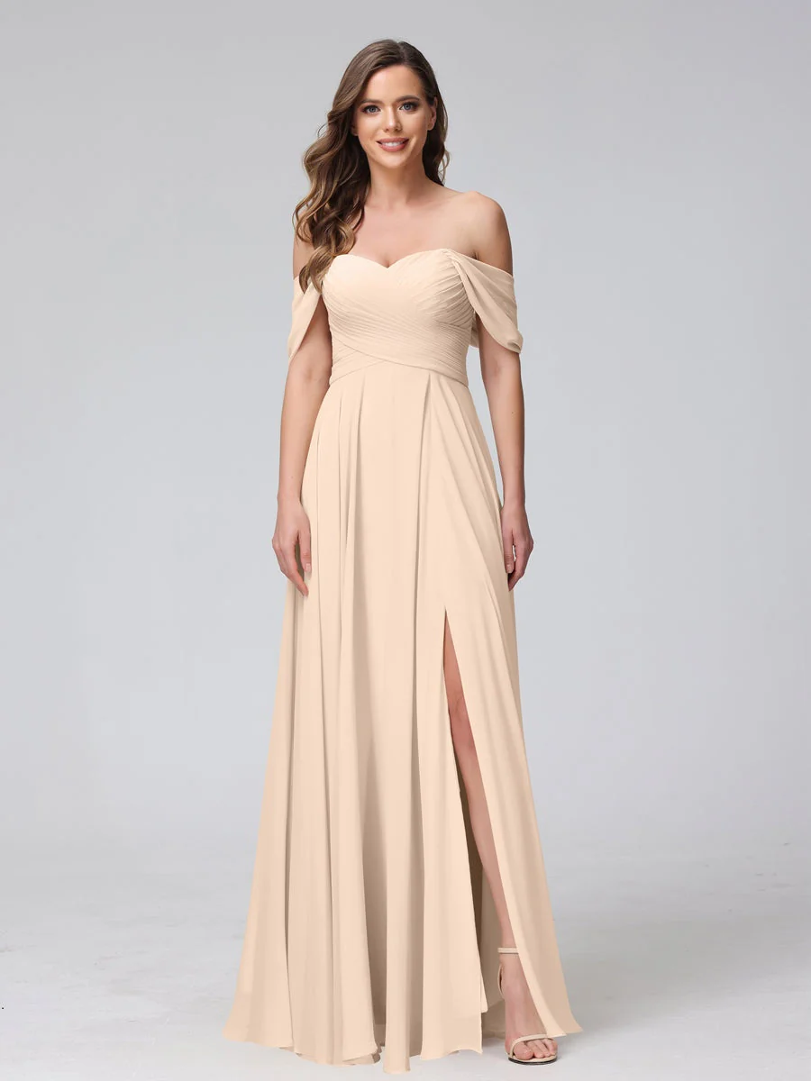 A-Line/Princess Off-the-Shoulder Sleeveless Floor-Length Bridemaid Dresses with Split Side & Ruched - Image 24