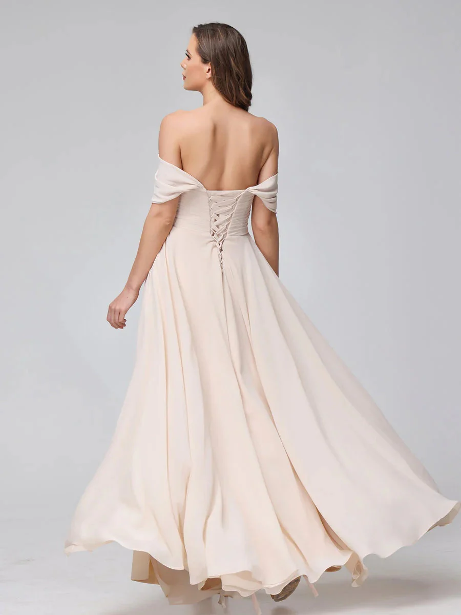 A-Line/Princess Off-the-Shoulder Sleeveless Floor-Length Bridemaid Dresses with Split Side & Ruched - Image 3