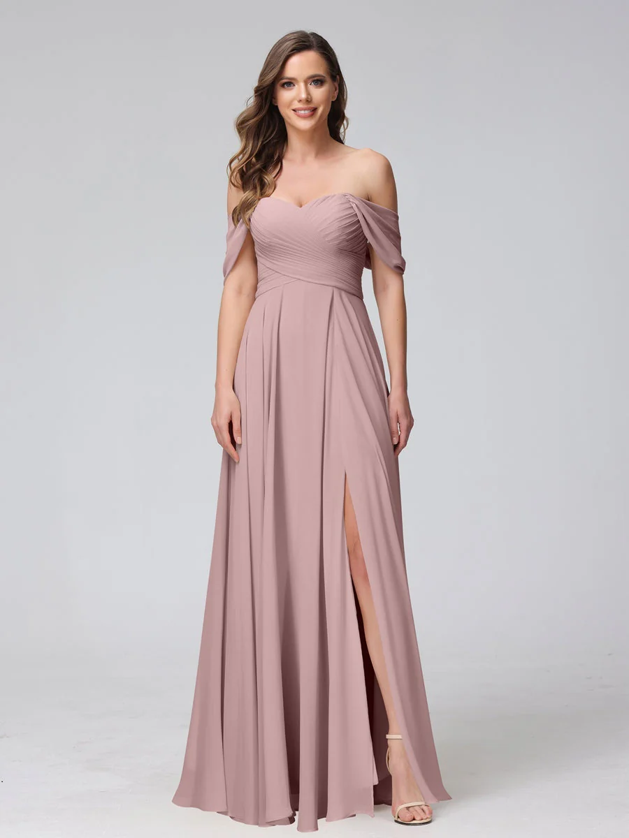 A-Line/Princess Off-the-Shoulder Sleeveless Floor-Length Bridemaid Dresses with Split Side & Ruched - Image 31