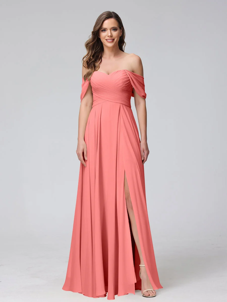 A-Line/Princess Off-the-Shoulder Sleeveless Floor-Length Bridemaid Dresses with Split Side & Ruched - Image 33
