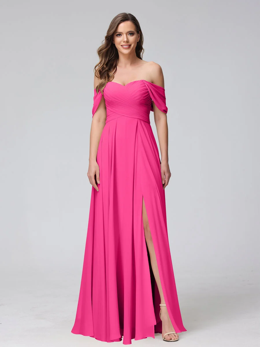 A-Line/Princess Off-the-Shoulder Sleeveless Floor-Length Bridemaid Dresses with Split Side & Ruched - Image 34