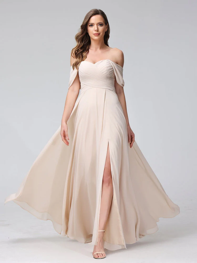 A-Line/Princess Off-the-Shoulder Sleeveless Floor-Length Bridemaid Dresses with Split Side & Ruched - Image 4