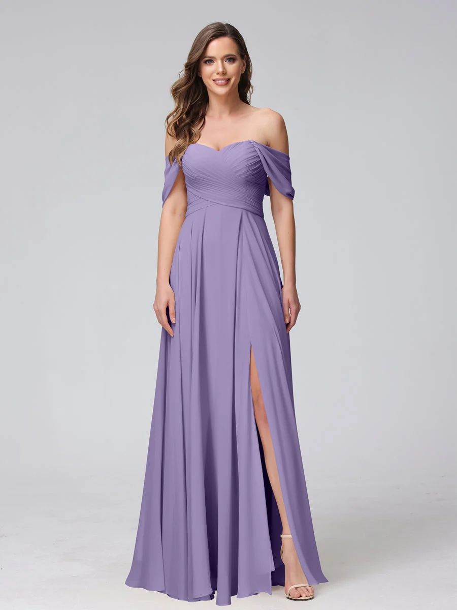 A-Line/Princess Off-the-Shoulder Sleeveless Floor-Length Bridemaid Dresses with Split Side & Ruched - Image 42
