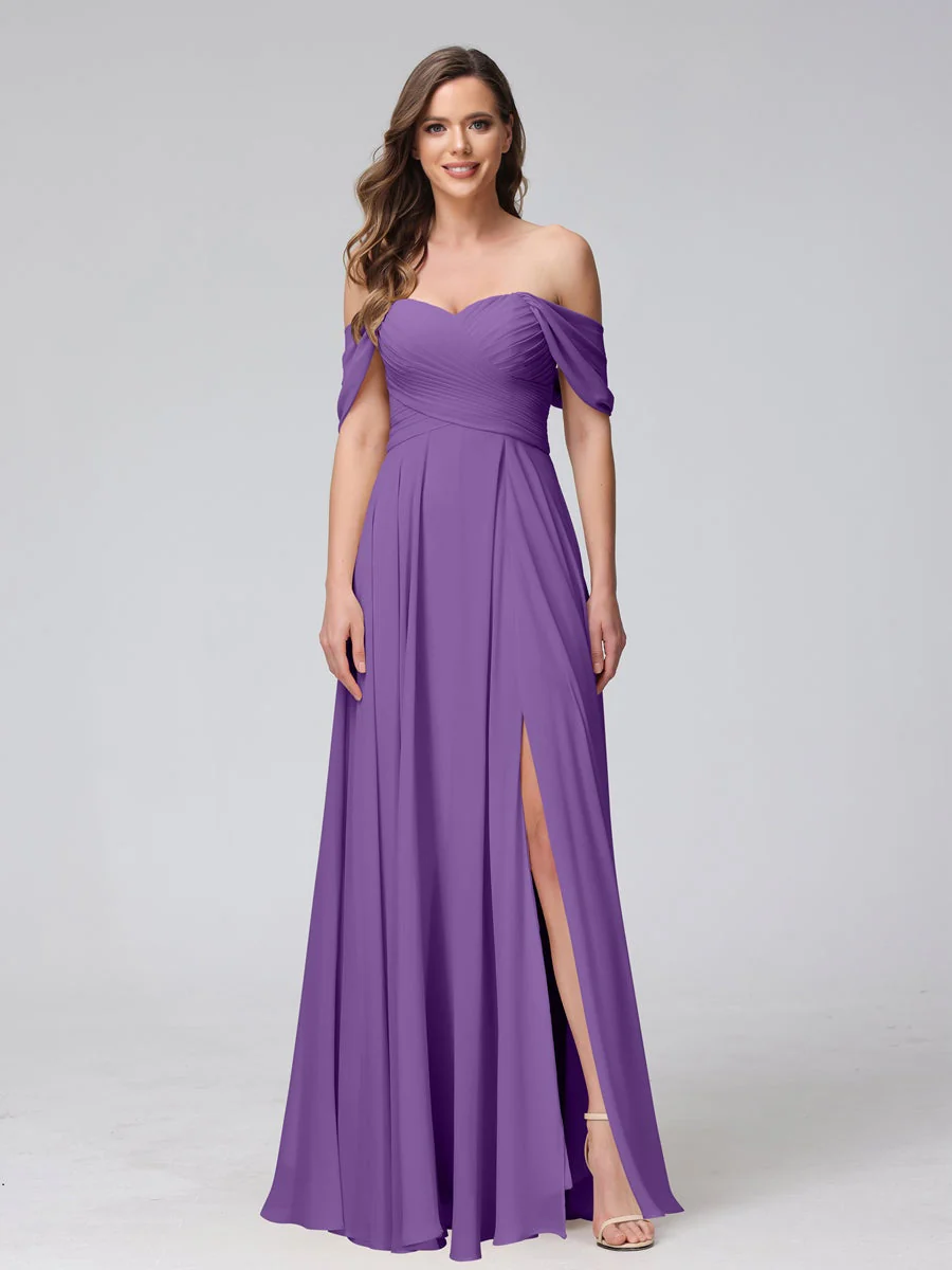 A-Line/Princess Off-the-Shoulder Sleeveless Floor-Length Bridemaid Dresses with Split Side & Ruched - Image 43