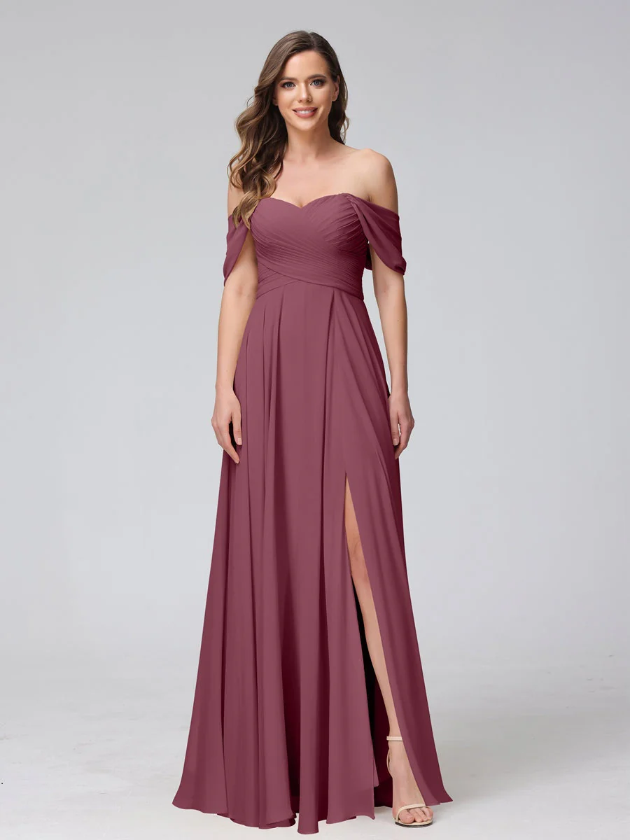 A-Line/Princess Off-the-Shoulder Sleeveless Floor-Length Bridemaid Dresses with Split Side & Ruched - Image 44