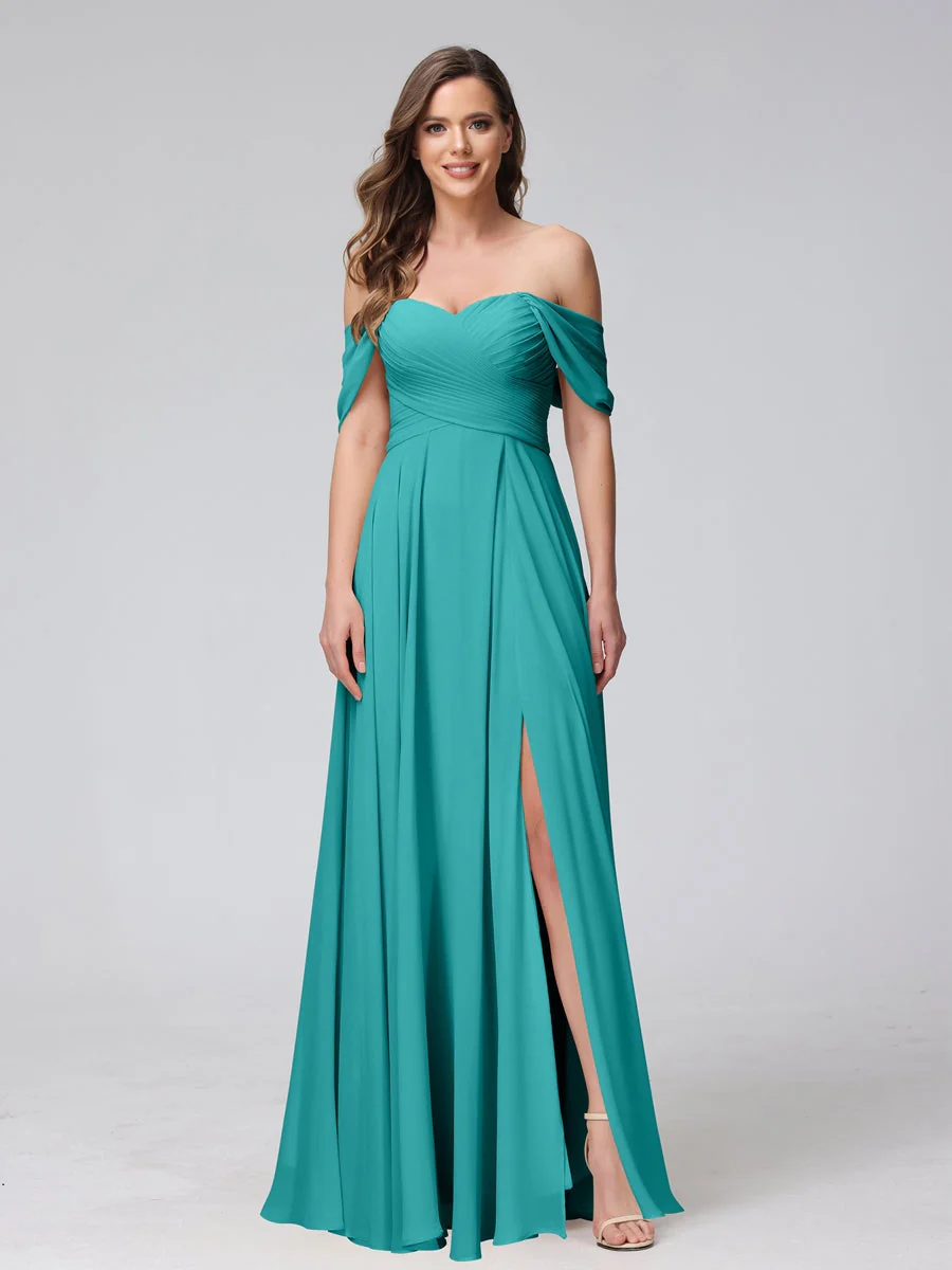 A-Line/Princess Off-the-Shoulder Sleeveless Floor-Length Bridemaid Dresses with Split Side & Ruched - Image 53