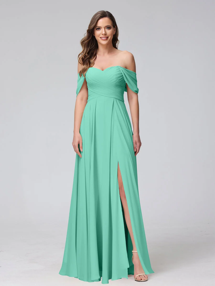 A-Line/Princess Off-the-Shoulder Sleeveless Floor-Length Bridemaid Dresses with Split Side & Ruched - Image 63
