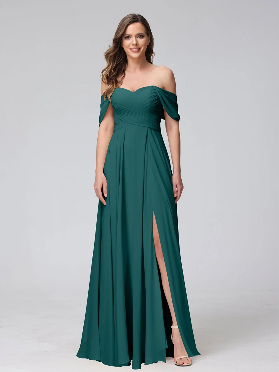 A-Line/Princess Off-the-Shoulder Sleeveless Floor-Length Bridemaid Dresses with Split Side & Ruched - Image 67