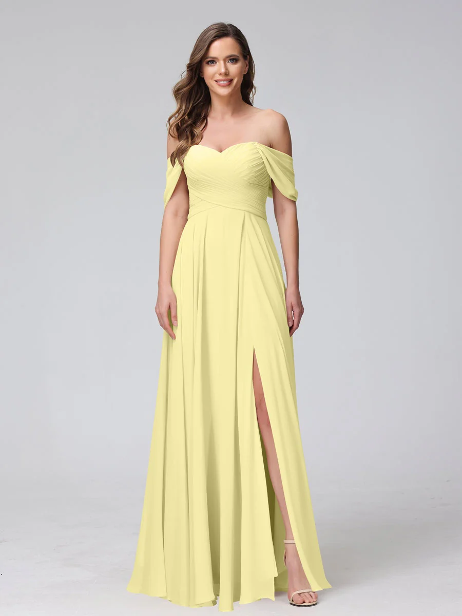 A-Line/Princess Off-the-Shoulder Sleeveless Floor-Length Bridemaid Dresses with Split Side & Ruched - Image 70