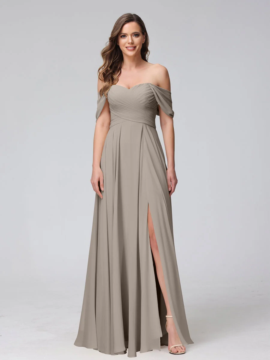 A-Line/Princess Off-the-Shoulder Sleeveless Floor-Length Bridemaid Dresses with Split Side & Ruched - Image 74