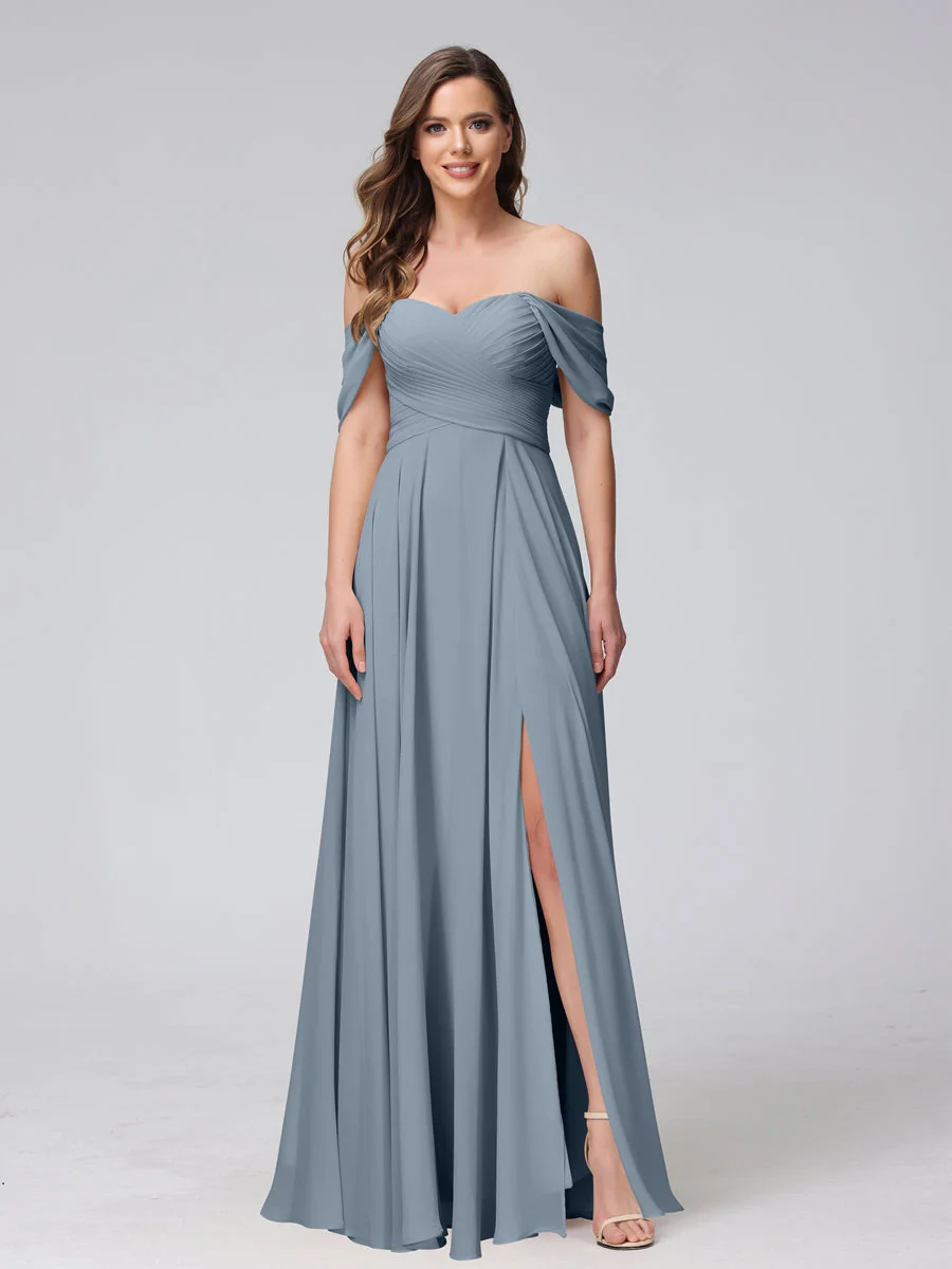 A-Line/Princess Off-the-Shoulder Sleeveless Floor-Length Bridemaid Dresses with Split Side & Ruched - Image 9