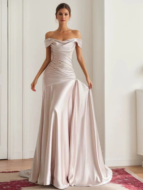 A-Line/Princess Off-the-shoulder Sleeveless Ruched Floor-Length Pleated Evening Dresses - Image 2