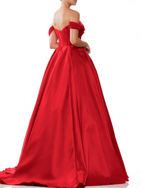 A-Line/Princess Off-The-Shoulder Sleeveless Sweep Train Satin Evening Dresses - Image 2