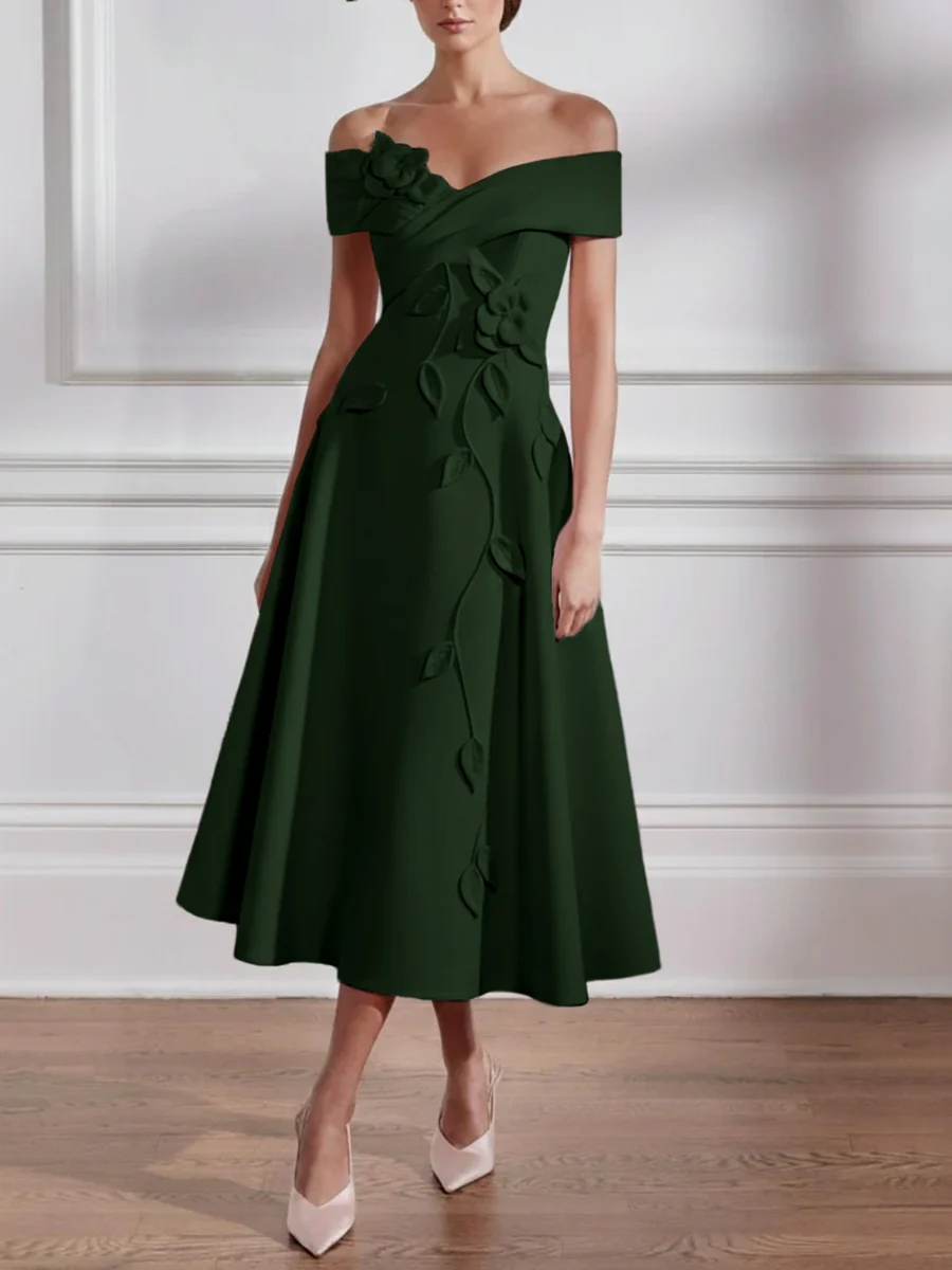 A-Line/Princess Off-the-shoulder Stretch Satin Mother of the Bride Dresses with 3D Flower Tea-Length Sleeveless - Image 11