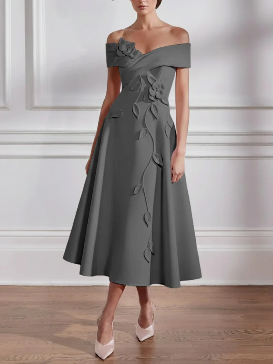 A-Line/Princess Off-the-shoulder Stretch Satin Mother of the Bride Dresses with 3D Flower Tea-Length Sleeveless - Image 15