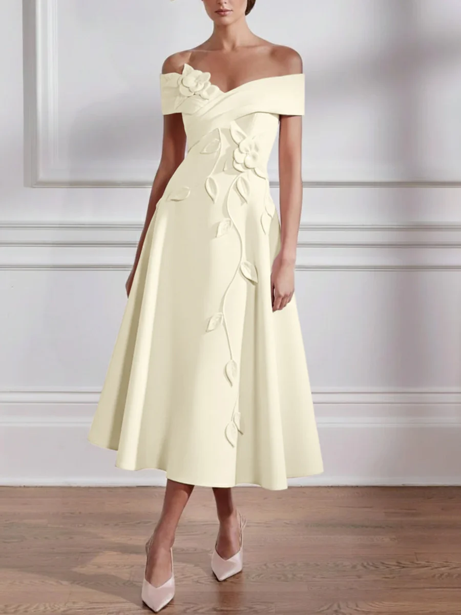 A-Line/Princess Off-the-shoulder Stretch Satin Mother of the Bride Dresses with 3D Flower Tea-Length Sleeveless - Image 16