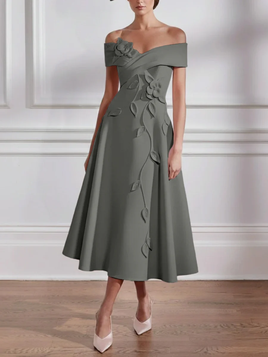 A-Line/Princess Off-the-shoulder Stretch Satin Mother of the Bride Dresses with 3D Flower Tea-Length Sleeveless - Image 21