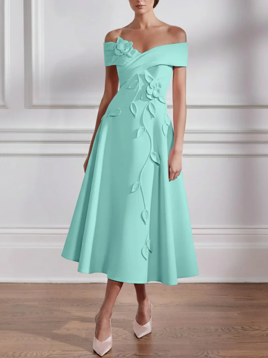 A-Line/Princess Off-the-shoulder Stretch Satin Mother of the Bride Dresses with 3D Flower Tea-Length Sleeveless - Image 31