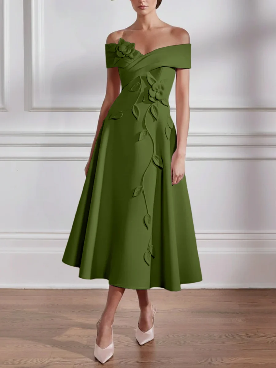 A-Line/Princess Off-the-shoulder Stretch Satin Mother of the Bride Dresses with 3D Flower Tea-Length Sleeveless - Image 37