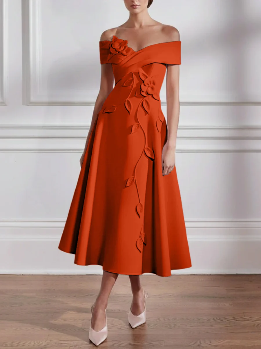 A-Line/Princess Off-the-shoulder Stretch Satin Mother of the Bride Dresses with 3D Flower Tea-Length Sleeveless - Image 38