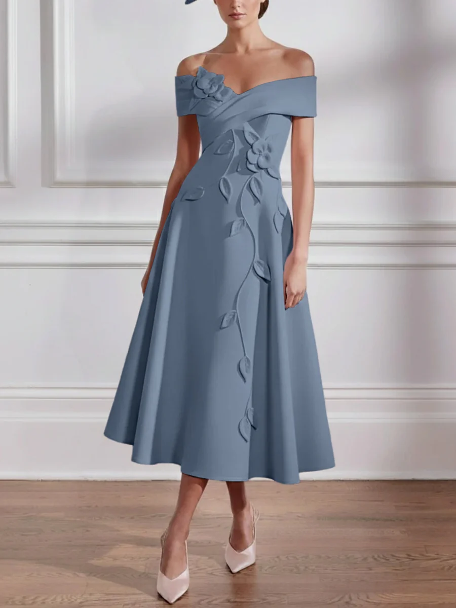 A-Line/Princess Off-the-shoulder Stretch Satin Mother of the Bride Dresses with 3D Flower Tea-Length Sleeveless - Image 47