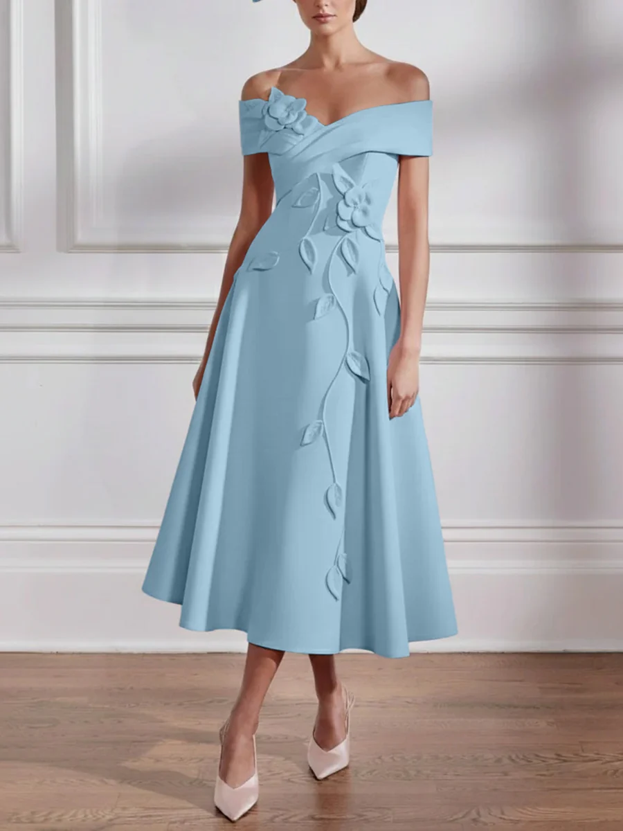 A-Line/Princess Off-the-shoulder Stretch Satin Mother of the Bride Dresses with 3D Flower Tea-Length Sleeveless - Image 52