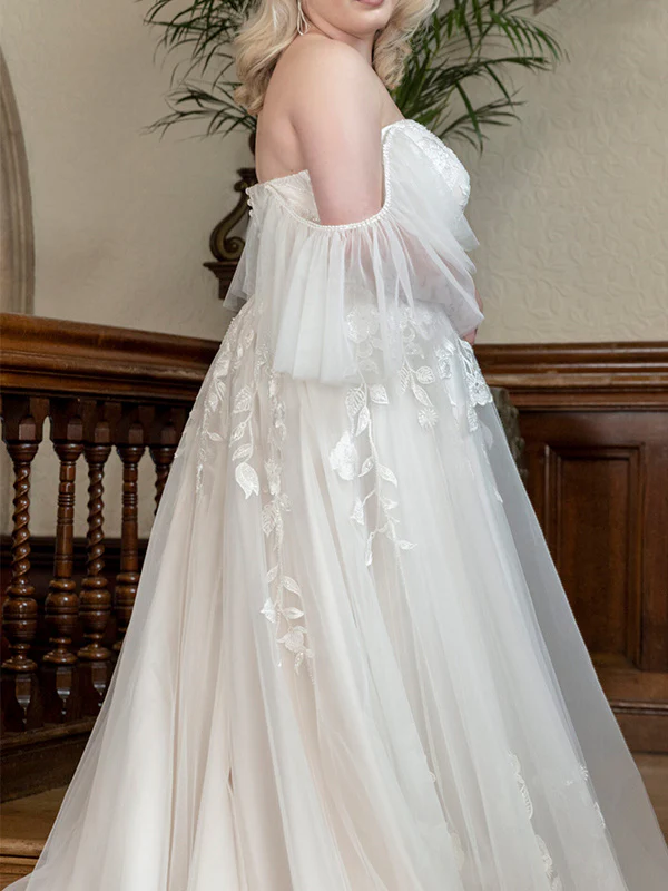 A-Line/Princess Off-the-shoulder Sweep Train Sleeveless Tulle Wedding Dresses With Appliques Lace - Image 2