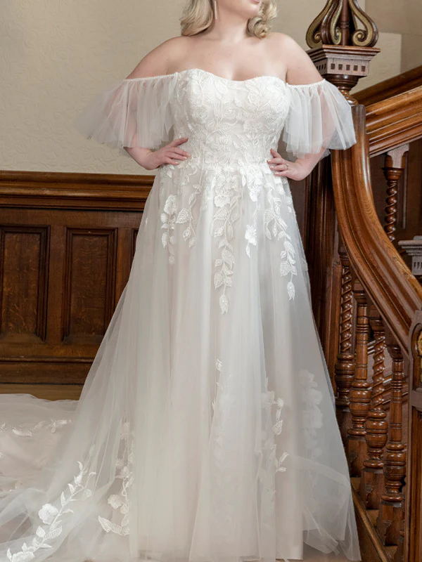 A-Line/Princess Off-the-shoulder Sweep Train Sleeveless Tulle Wedding Dresses With Appliques Lace - Image 3