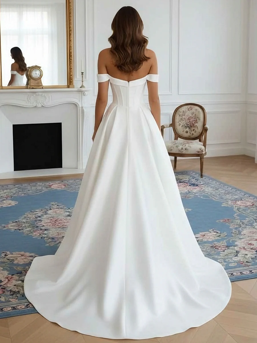 A-Line/Princess Off-the-Shoulder Wedding Dress Satin Floor-Length Sweep Train - Image 2