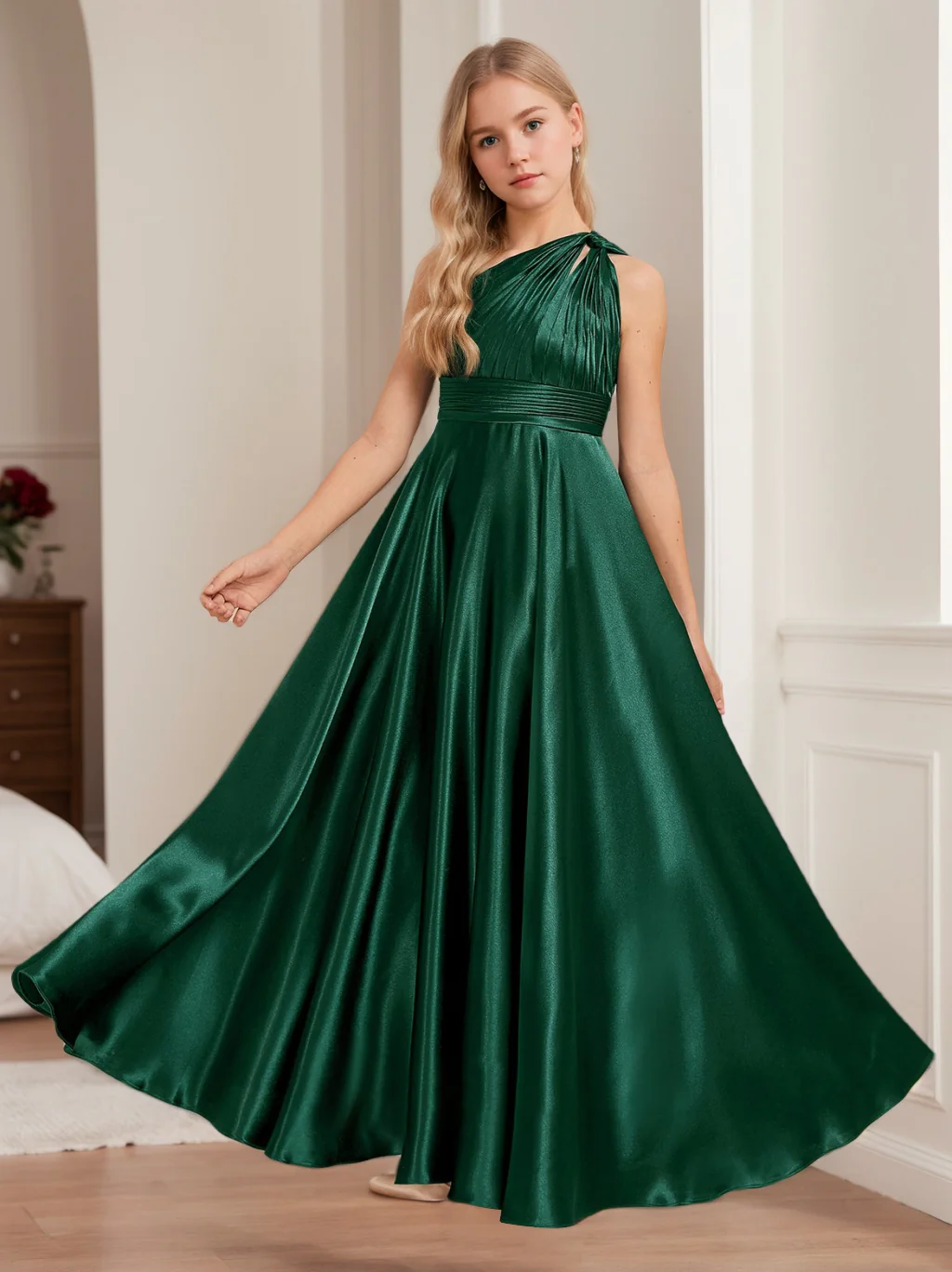 A-Line/Princess One Shoulder Ankle-Length Junior Girl Bridesmaid Dresses with Pleats - Image 3