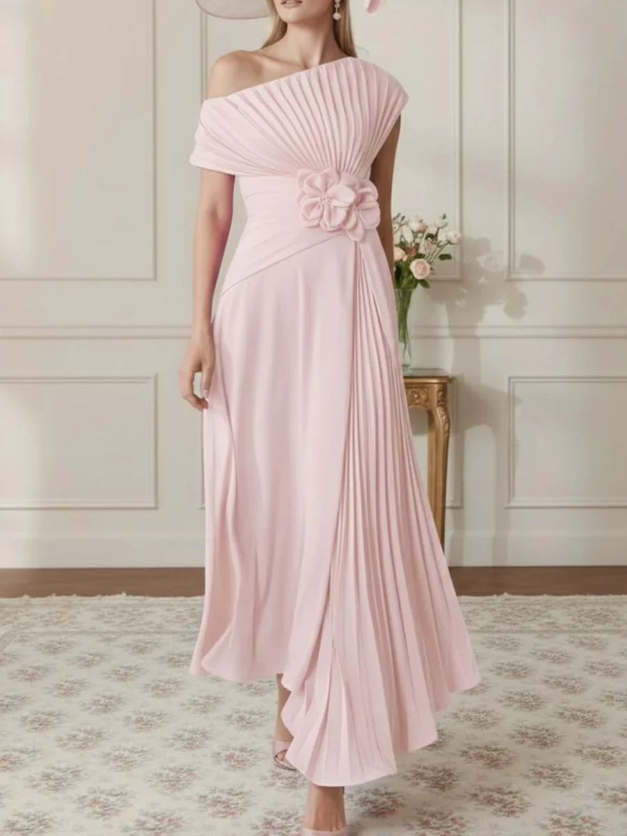 A-Line/Princess One-Shoulder Chiffon Mother of the Bride Dresses Sleeveless Asymmetrical Ankle-Length 3D Flower Pleats - Image 10