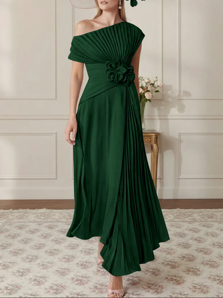 A-Line/Princess One-Shoulder Chiffon Mother of the Bride Dresses Sleeveless Asymmetrical Ankle-Length 3D Flower Pleats - Image 15