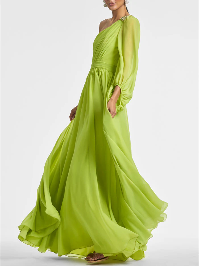 A Line/Princess One Shoulder Floor-Length Evening Dress with Ruffles - Image 4