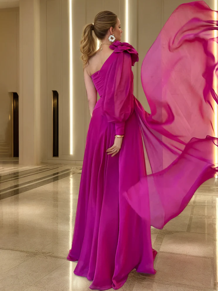 A-Line/Princess One-shoulder Floor Length Ruched Evening Dresses with High Split & Flower - Image 2