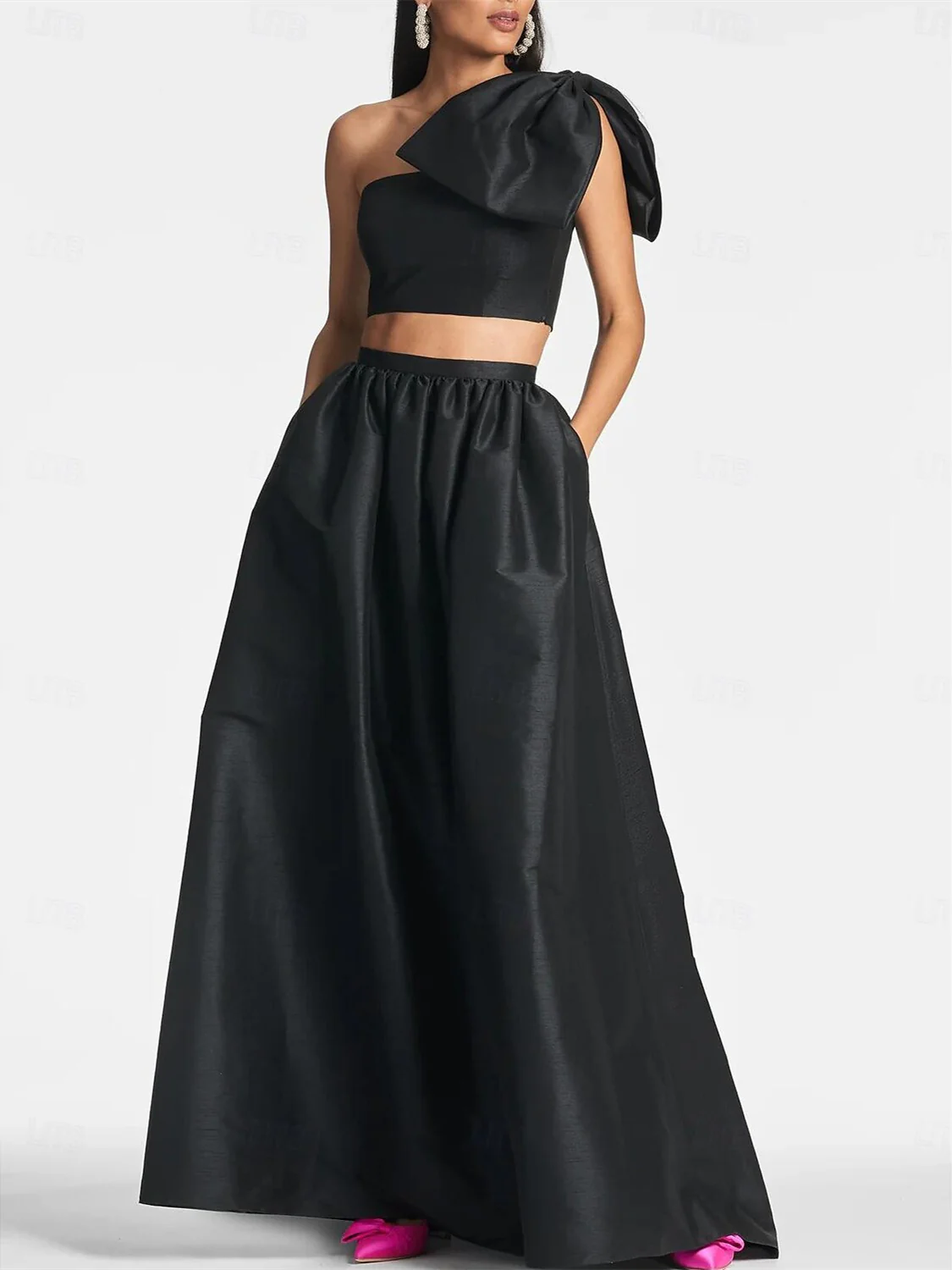 A-Line/Princess One Shoulder Floor Length Sleeveless Wedding Guest Dresses Satin with Tie Pocket Bow(s) - Image 4