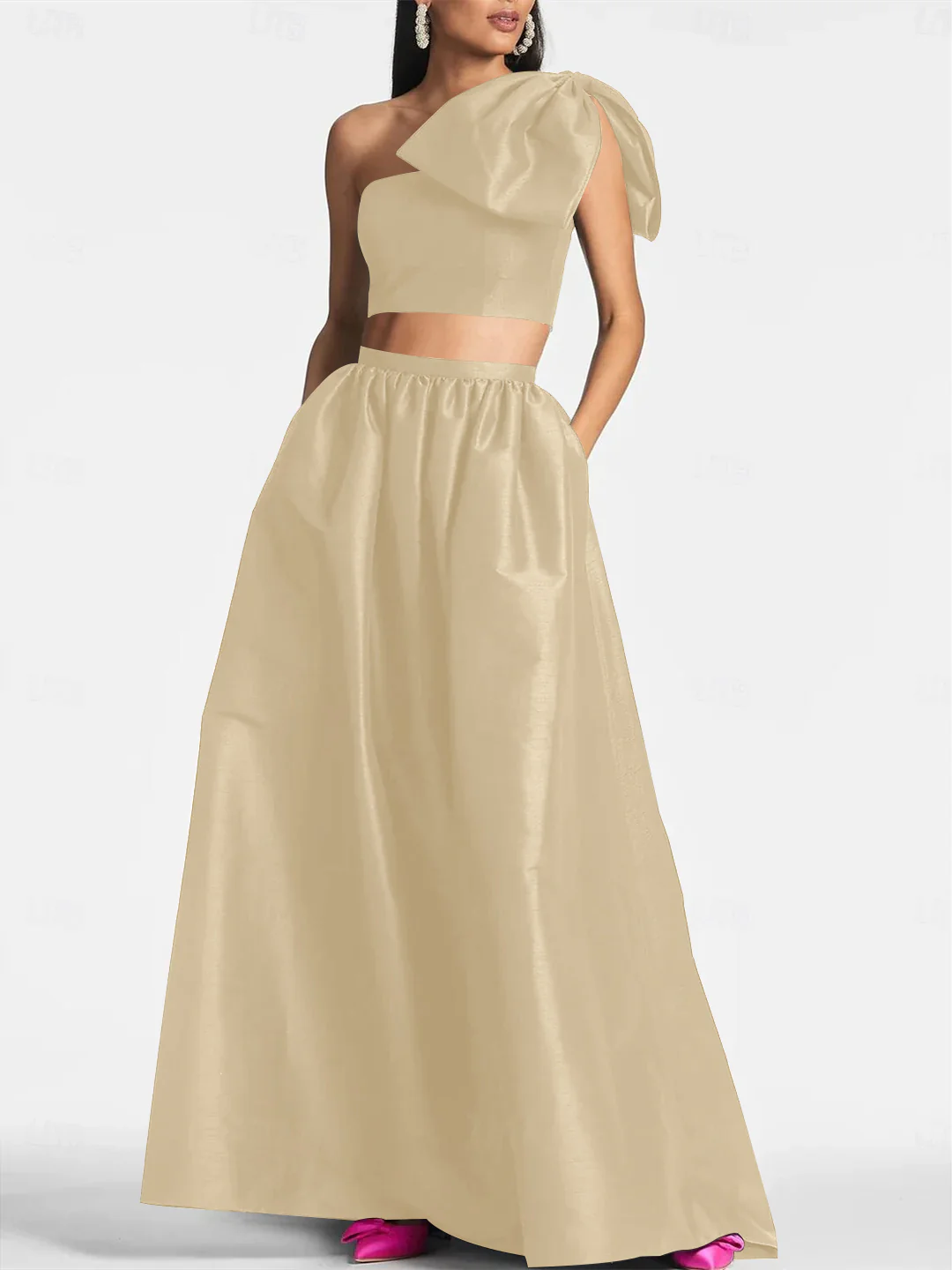 A-Line/Princess One Shoulder Floor Length Sleeveless Wedding Guest Dresses Satin with Tie Pocket Bow(s) - Image 6