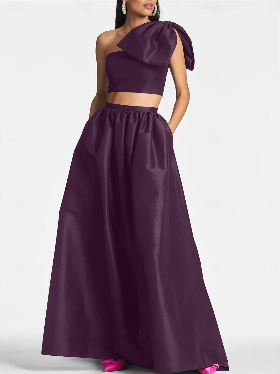 A-Line/Princess One Shoulder Floor Length Sleeveless Wedding Guest Dresses Satin with Tie Pocket Bow(s) - Image 9