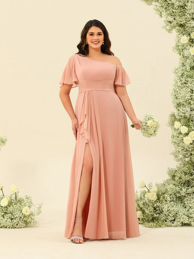 A-Line/Princess One-Shoulder Floor-Length Split Side Plus Size Bridesmaid Dresses - Image 3