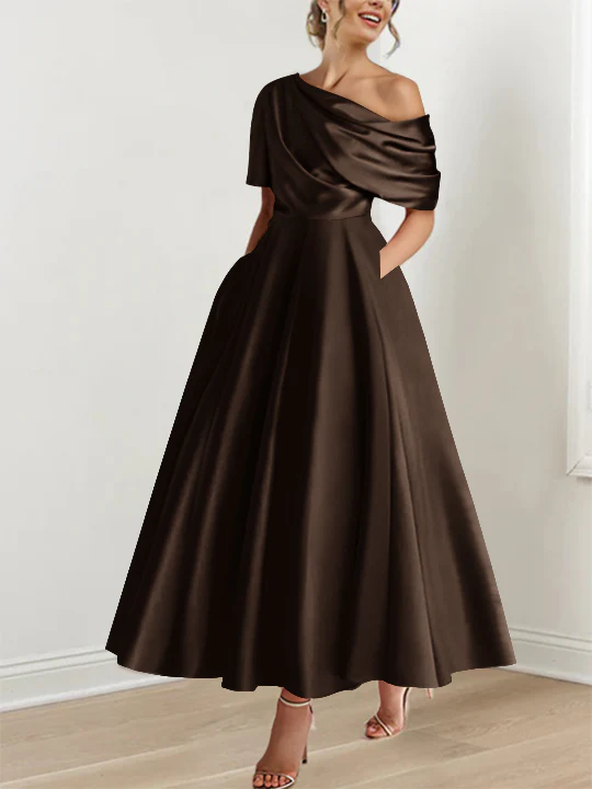 A-Line/Princess One-shoulder Half Sleeve Ankle-Length Mother of the Bride Dresses with Ruffles - Image 14