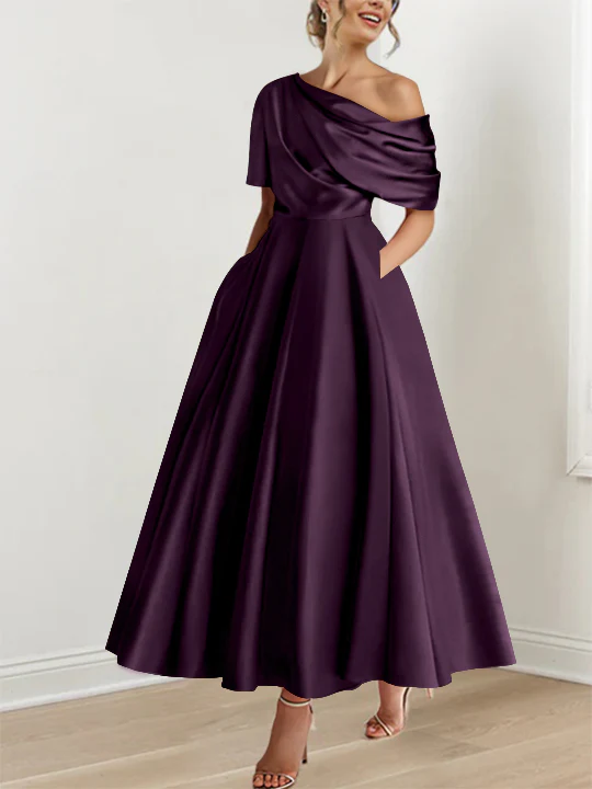 A-Line/Princess One-shoulder Half Sleeve Ankle-Length Mother of the Bride Dresses with Ruffles - Image 24
